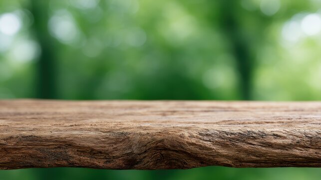 wooden tabletop with blurred forest background, natural organic product mockup backdrop