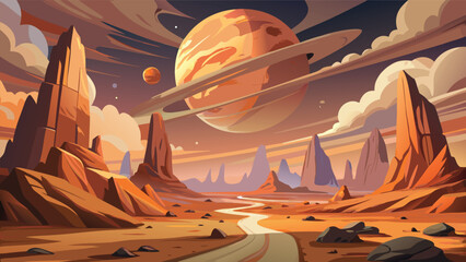 Alien landscape with ringed planet and rocky formations digital illustration exoplanet desert terrain mountain range planetary rings outer space celestial body art vector graphics cartoon © CreativeKamrul