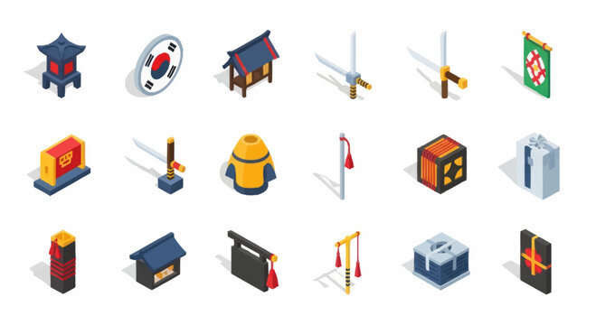 Isometric Korean Traditional Objects Isolated on White Background.