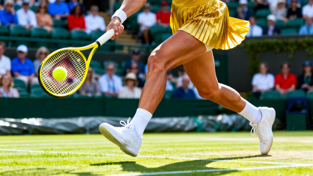 Tennis player swinging racket to hit ball on grass court with competition tournament recreation activity movement athletic lifestyle forehand backhand professional championship sidelines