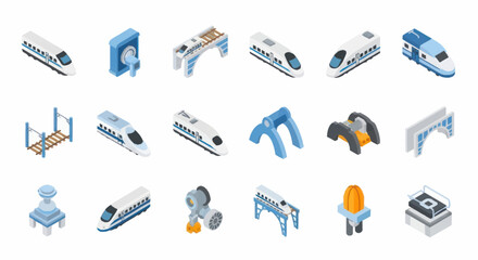 Isometric Train Set - Modern Transportation and Railway Elements. © Dion