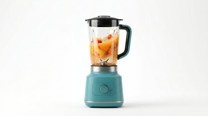 Obraz premium Teal retro blender with fruit inside, isolated on white background