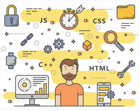 web development concept and programmer illustration with programming icons