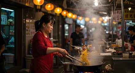 Obraz premium Professional street food vendor stir-frying fresh noodles in wok at night market with steam
