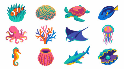 Colorful ocean sea creatures icons set. © Dion