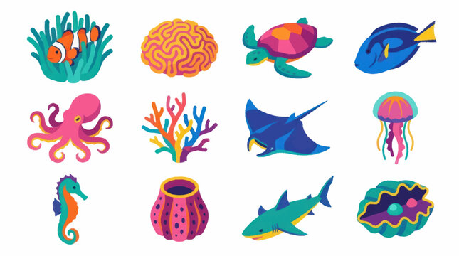 Colorful marine life collection featuring various sea creatures and coral reefs.