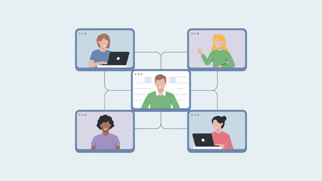 Four people video conferencing with central presenter on screen sharing session