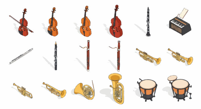 Collection of Musical Instruments for Orchestra Performance and Concerts.