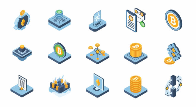 Isometric Cryptocurrency Icons Representing Digital Finance and Blockchain Technology.