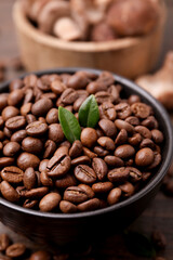 Fototapeta premium Coffee beans and mushrooms on table, closeup