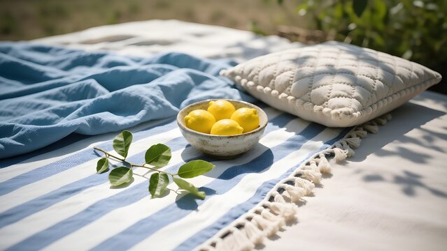 A serene picnic setup with a bowl of fresh lemons on a striped blanket outdoors.