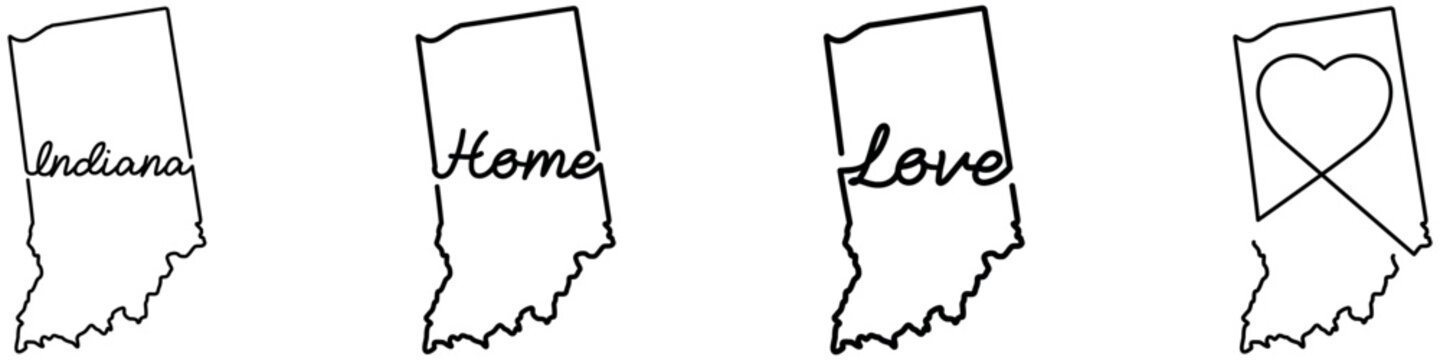 Indiana state map outline set with handwritten name, home text, love typography and heart icon. Minimal black vector isolated design.