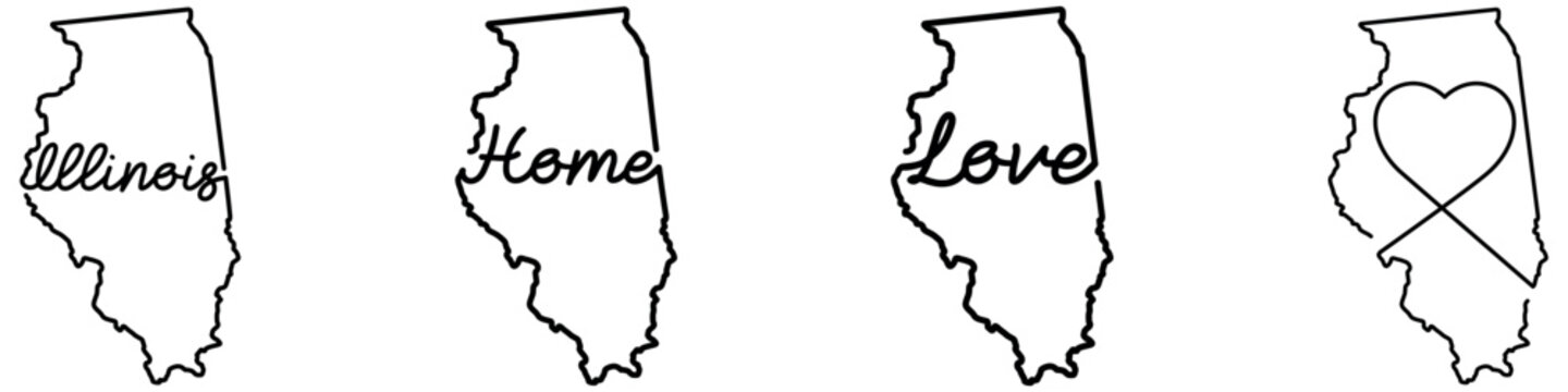 Hand sketched Illinois outline collection featuring name typography, home script, love text and heart symbol in clean monochrome style.