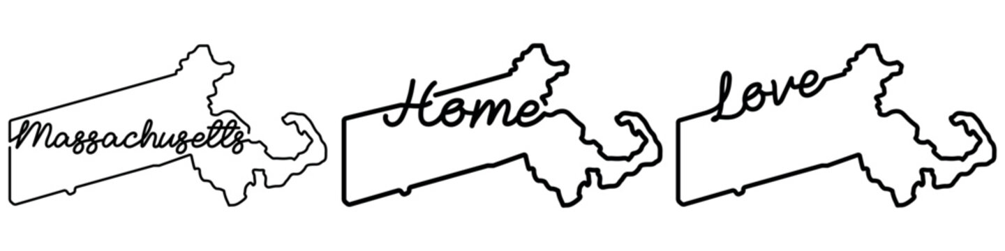 Hand drawn Massachusetts state outline collection featuring state name lettering, home script, love typography. Minimal black vector.