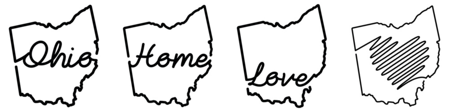 Minimal Ohio state silhouette bundle featuring handwritten name, home script, love text and heart icon.