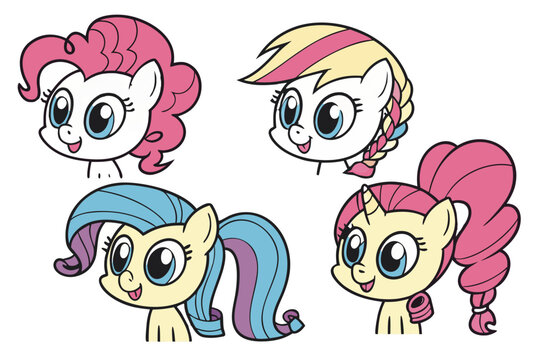 Three cartoon ponies with colorful manes standing together
