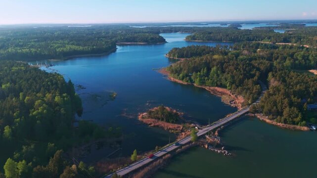 Aerial drone view flying over the scenic Finnish archipelago and Baltic Sea coastline
