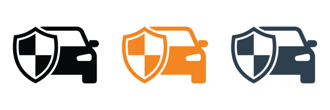 Automotive security icons set black orange and blue car shield illustrations for vehicle protection