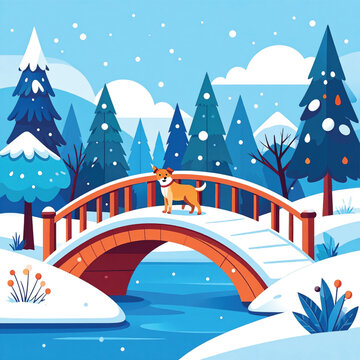 Dog standing on snowy bridge alone.