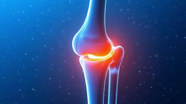 Human knee joint 3D anatomical model with bright red glowing pain spot in femur and tibia connection area