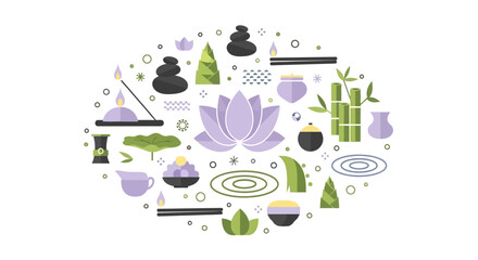 Fototapeta premium Spa and Wellness Minimalist Flat Vector Illustration Concept with Lotus Flower, Bamboo, Zen Stones, and Incense