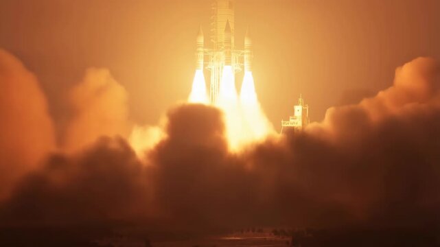 Rocket Launch with Blazing Flames and Glowing Exhaust Clouds Against a Dark Cinematic Night Sky Featuring Spacecraft, Spaceflight, Space with Fire