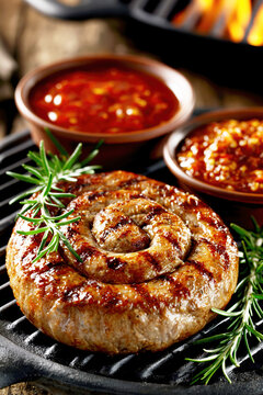 Spiral Grilled Sausage with Rosemary and Spicy Sauce Rustic BBQ Food AI Generative