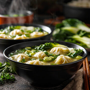 Traditional Wonton Soup with Dumplings and Fresh Herbs