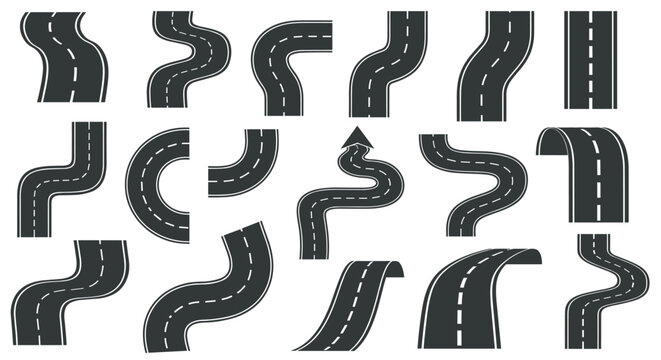 Collection of different asphalt road segments and highway shapes with white lane markings for map creation and urban traffic planning.