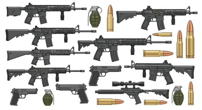 Large collection of firearms and weaponry icons featuring assault rifles, pistols, grenades, and various types of bullets and magazines.
