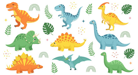 Colorful dinosaurs and leaves on white background, kids education concept, nursery art © Vasant