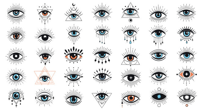 Collection of mystical third eye symbols with various geometric patterns and rays representing spiritual vision and esoteric knowledge.