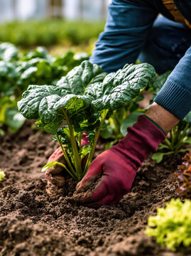 Farmer Planting Lettuce Seedling in Organic Garden Close Up Sustainable Agriculture AI Generative