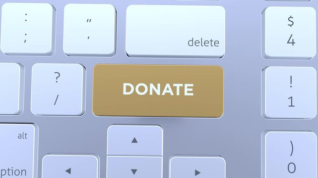 3D Animation of Donate key or button pressed on a computer keyboard. Donate concept 4k video.