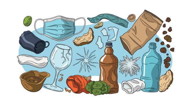 Collection of various trash and waste items including a face mask, plastic bottles, glass shards, and paper bags on a blue background.