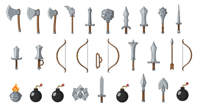 Extensive set of fantasy weapons including axes, swords, maces, bows, arrows, and bombs for game design and illustration projects.