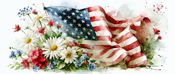 Fototapeta premium American Flag with Wildflowers Patriotic Floral Composition – AI Generative