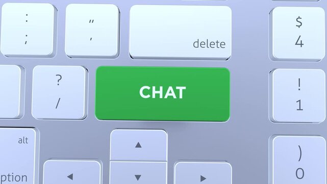 3D Animation of Chat key or button pressed on a computer keyboard. Chat concept 4k video.