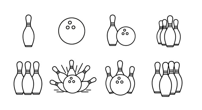 Bowling pins and balls, black line art icons, sports concept, vector graphics
