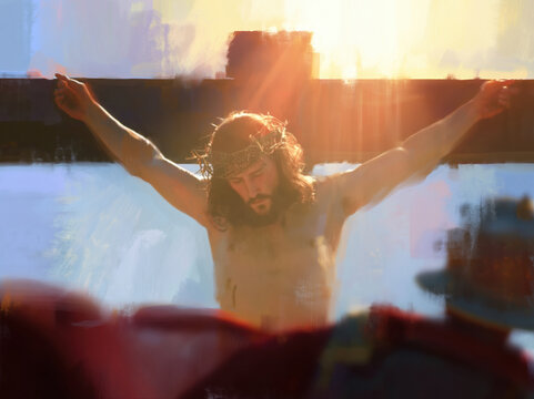 Crucifixion of Jesus Christ with Dramatic Light and Emotional Expression. AI generative.