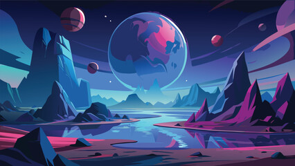 Alien planet landscape with multiple planets vector illustration in shades of blue and purple extraterrestrial planetary scene digital artwork celestial body cosmic environment space exploration © CreativeKamrul