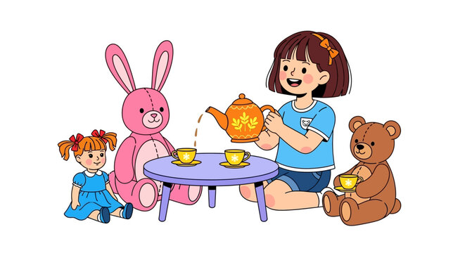 Children playing with teddy bear and bunny, tea party fun, kids illustration