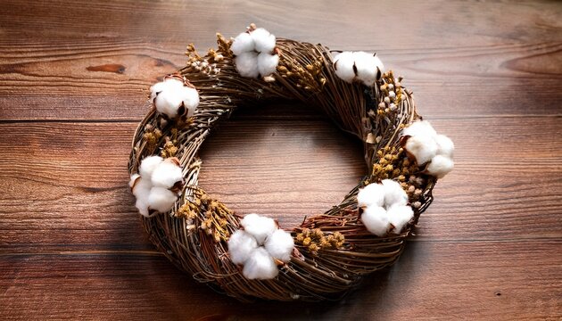 Cotton Wreath On Wooden Table Surface