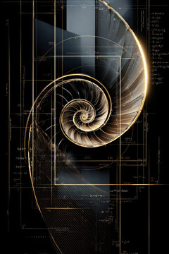 Glowing Golden Ratio Spiral on Dark Background &ndash; Futuristic Mathematical Geometry. AI generative.