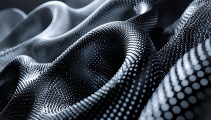 Naklejka premium Abstract dark background with flowing digital dots and wavy structure.