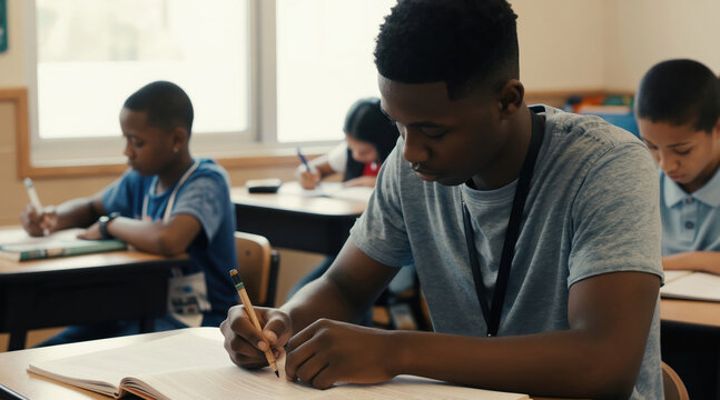 Teenager helps younger students with classwork. Diverse children focus on writing assignments at desks in a classroom setting. Learning and mentorship happens between peers in school.