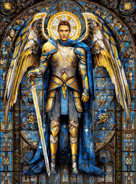 Majestic Archangel Warrior with Golden Wings and Stained Glass Background. AI generative.