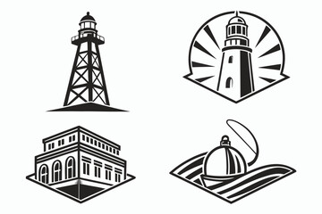 Naklejka premium Four black and white icons of lighthouse and oil rig symbols