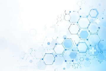 Obraz premium Blue molecular structure with hexagons and medical symbols on a gradient background