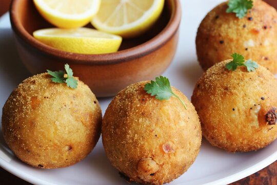 Golden brown potato balls are deep fried crispy snacks. Garnished with fresh parsley leaves. Served with lemon slices in rustic bowl. Indian street food delight.